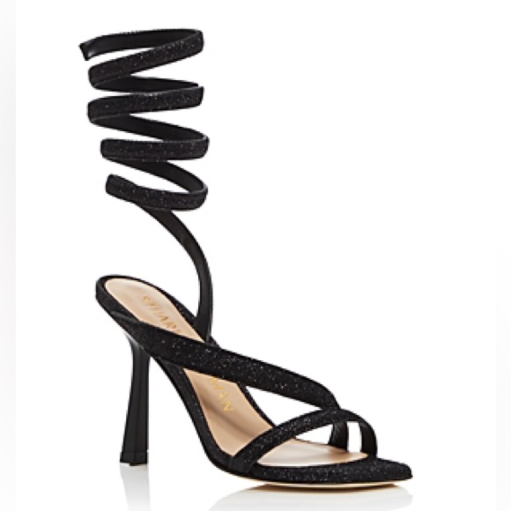 NEW Stuart Weitzman Beatrix 100 High Heel Wrap Sandals Black Glitter
